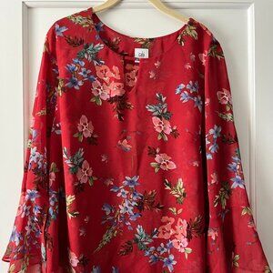 CAbi Devoted Red Floral Bell Sleeve Blouse, size medium